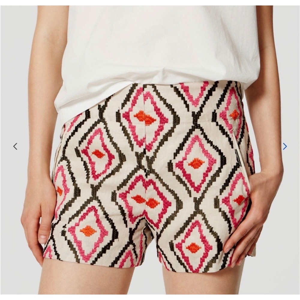 LOFT The Riviera Shorts Womens 12 Ivory Pink Geometric Embroidered NEW‎ NWT $60